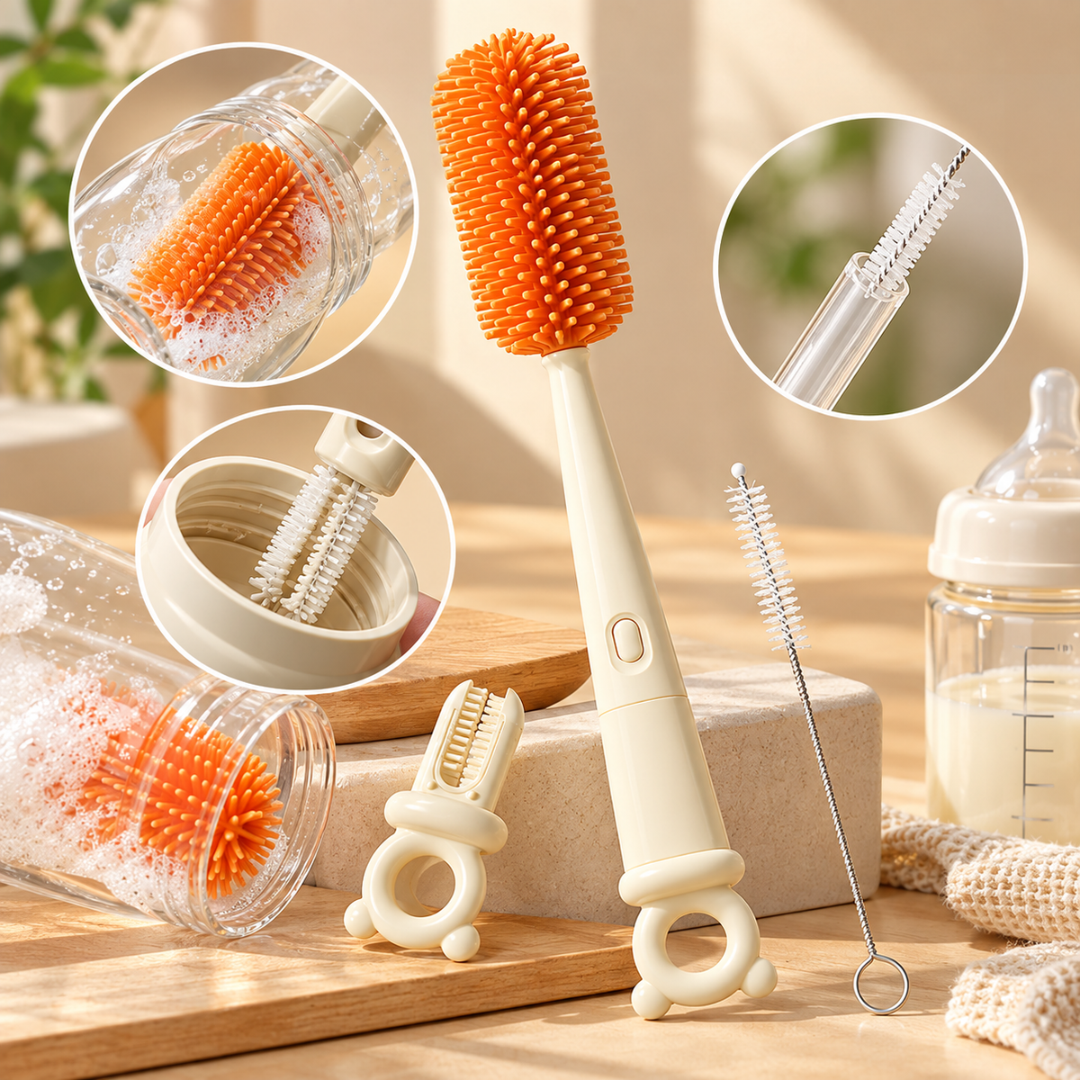 4‑in‑1 Silicone Bottle & Cup Cleaning Brush, Multi‑Function Detachable Cleaning Brush for Cups, Bottles and Straws