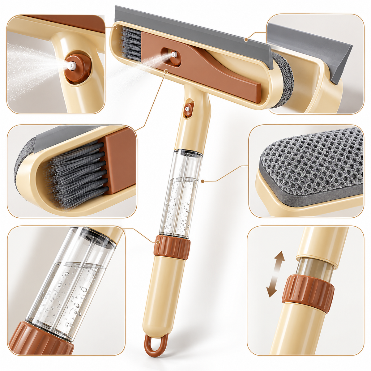 Multi‑Functional Spray Window Squeegee, 3‑in‑1 Spray, Scrub & Water‑Removal Cleaning Tool with Telescopic Handle